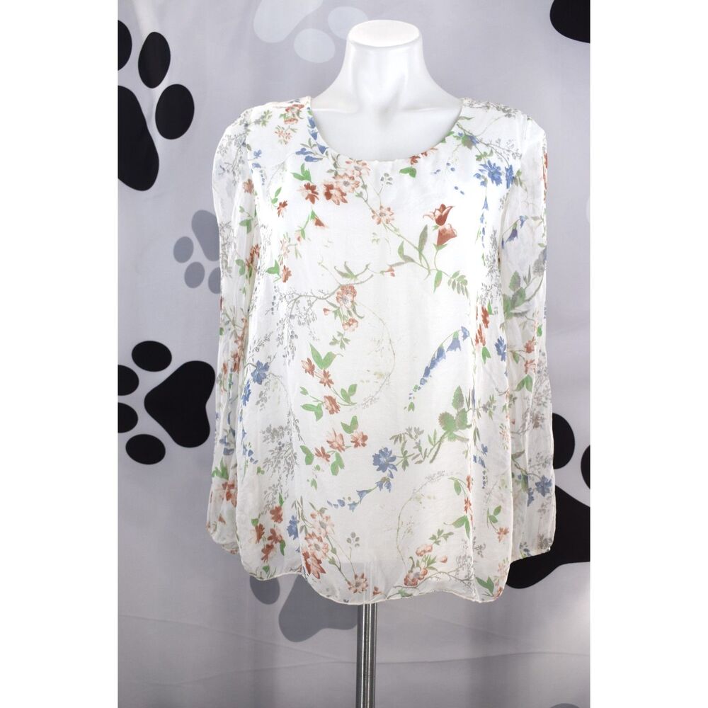 Elena Baldi Long Sleeve Italian Silk Floral Blouse White Multi Medium